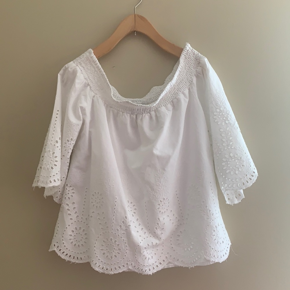 ANTHROPOLOGIE {Blue Rain} Boho Off Shoulder 3/4 bell sleeve embroidered top - XS